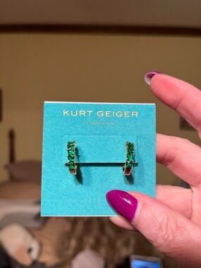 NWT Kurt Geiger Gold Hoops with Green Stones Bekind quote on backside